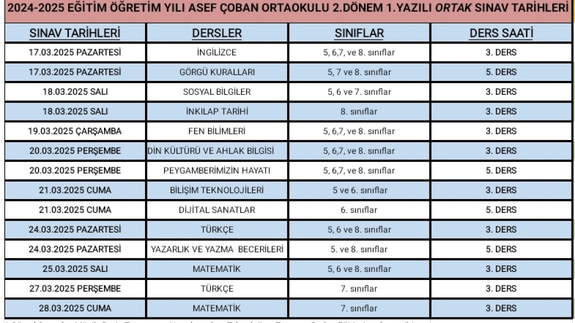 2. DÖNEM 1. YAZILI ORTAK SINAV TARİHLERİ